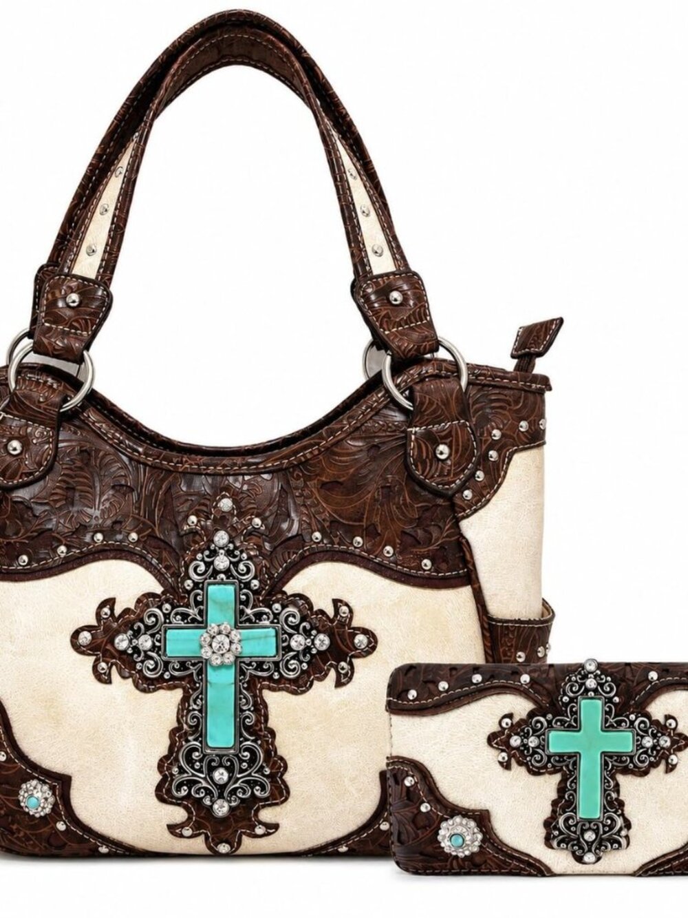 Western Trendy Turquoise Cross Purse for Women with Matching Wallet Set